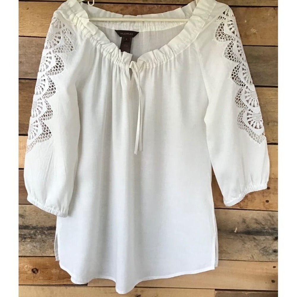 Multiples womens S white linen rayon 3/4 sleeve lace sleeves blouse top tie neck